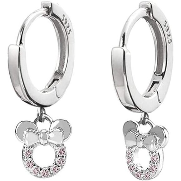 No Brand Jewelry - Women Silver Small Mouse Dangle Hoop Earrings Sterling Cubic Zirconia Charm